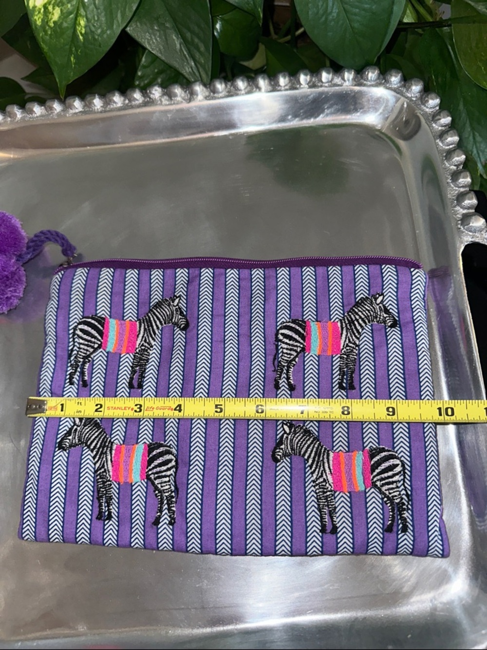 Purple Zebra Stripe Cosmetic Pouch with Colorful Pom-Pom Trim NWOT